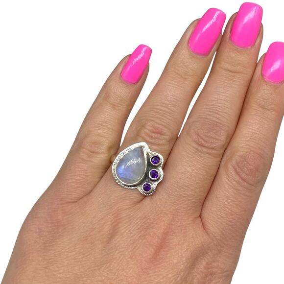 Rainbow Moonstone & Amethyst Ring Size 9 Solid 925 Sterling Silver - Picture 2 of 6